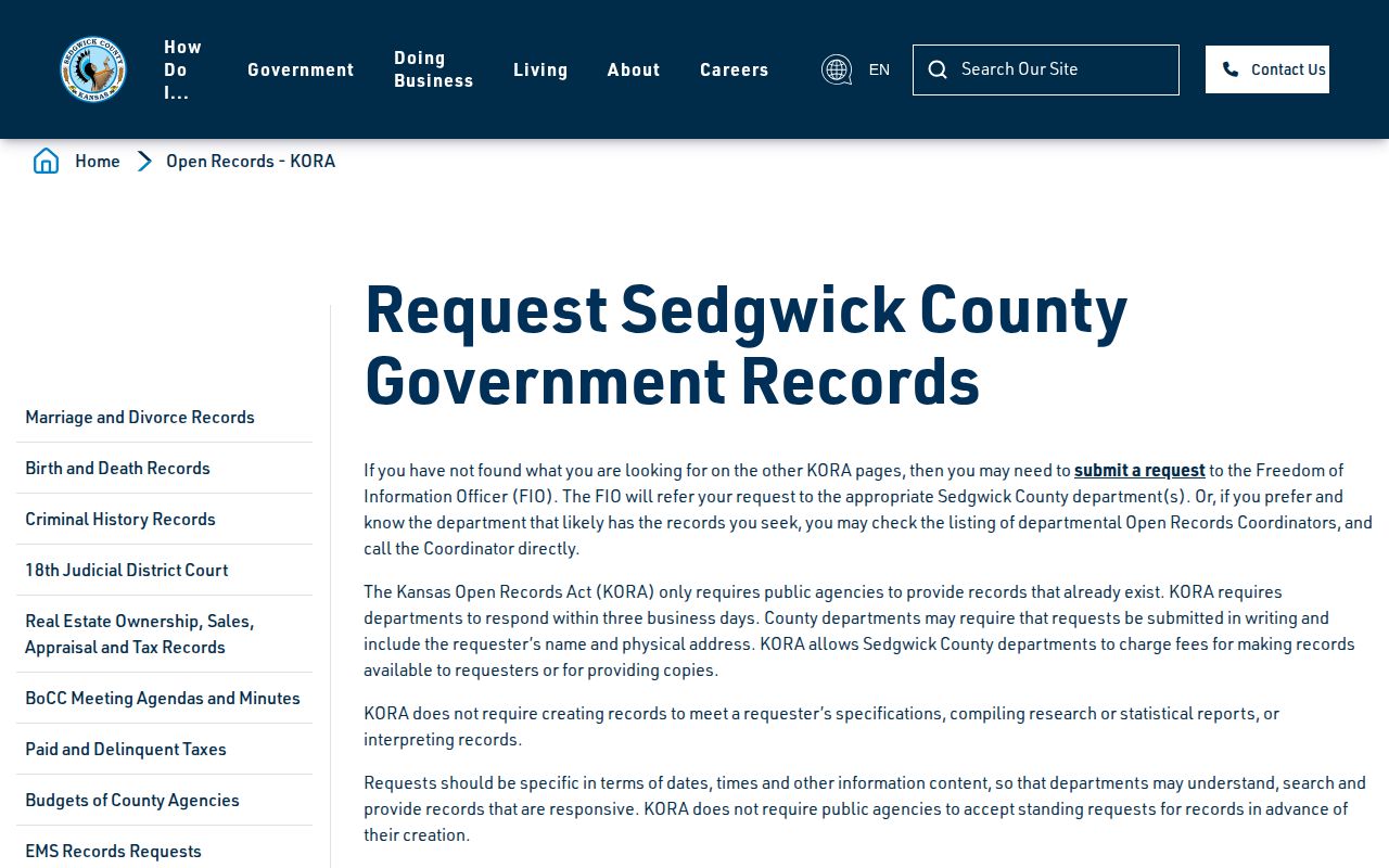 Sedgwick County booking record request page
