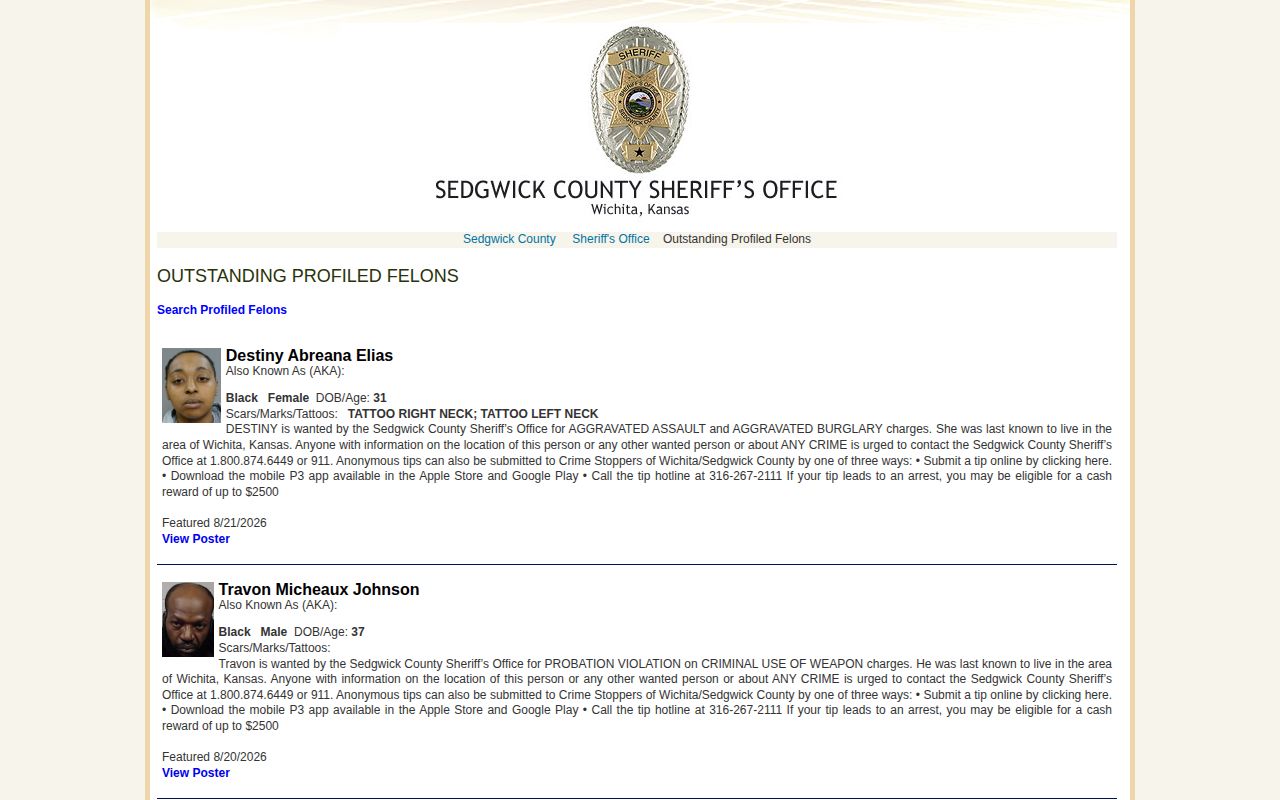 Sedgwick County most wanted profile list record page